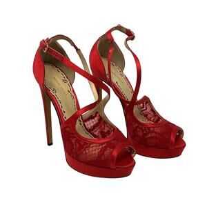Marchesa Red Lace Satin Party Peep Toe Heels Pumps Size 38.5 0059